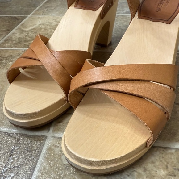 Swedish Hasbeens 80’s Strap Sandal Wood Clog Tan Brown EU 37 US 7 Boho Shoe - Picture 6 of 12